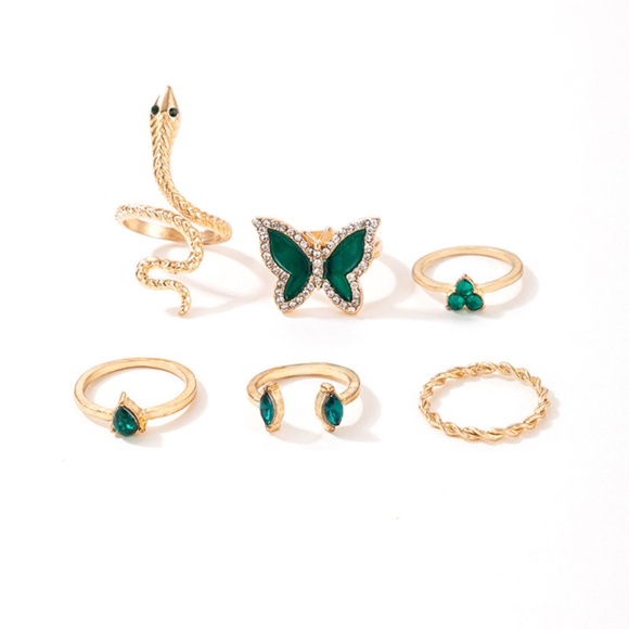 **CHANTRIA* 6-Pc Gold x Green Snake Fashion Ring Set - Picture 4 of 5